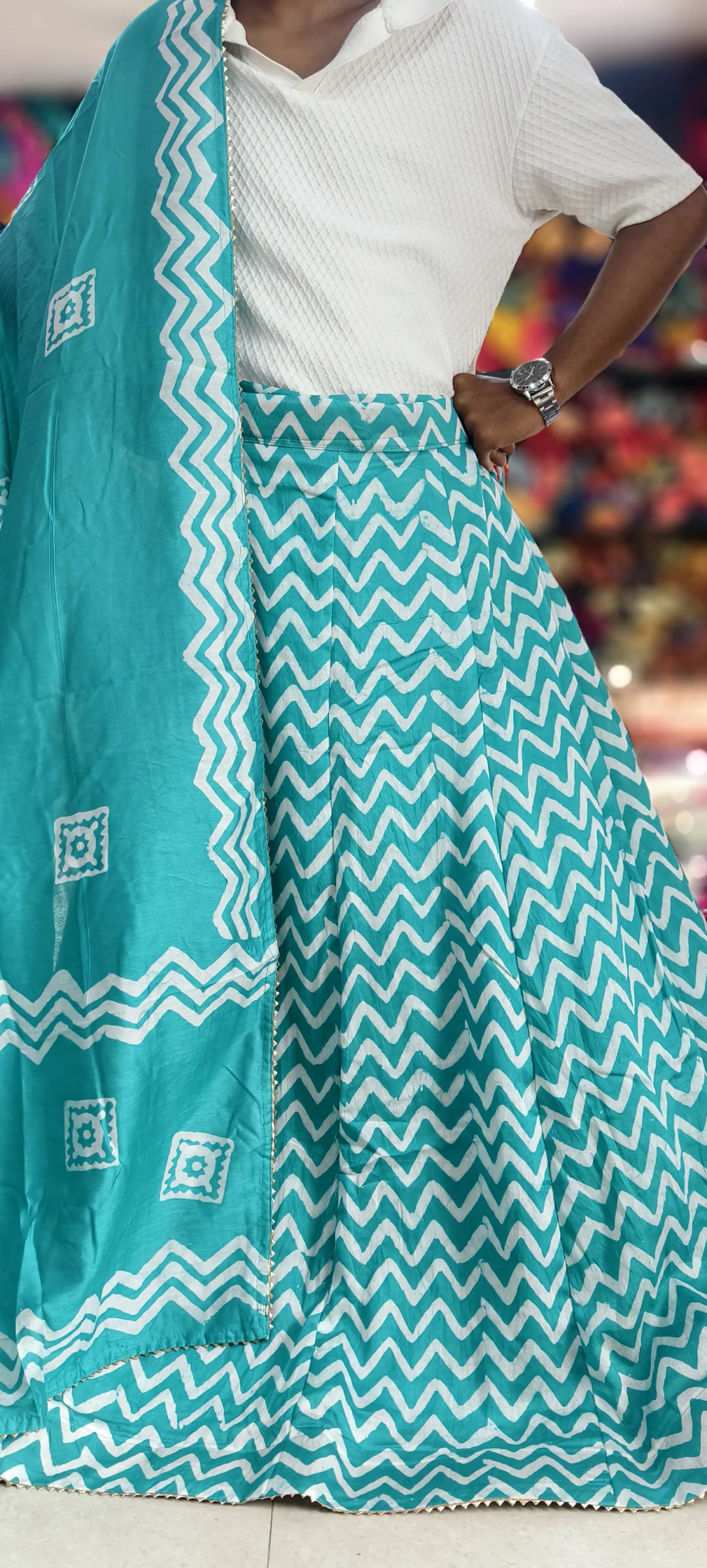 Chanderi Cotton Batik Print Ghagra Set with Dupatta