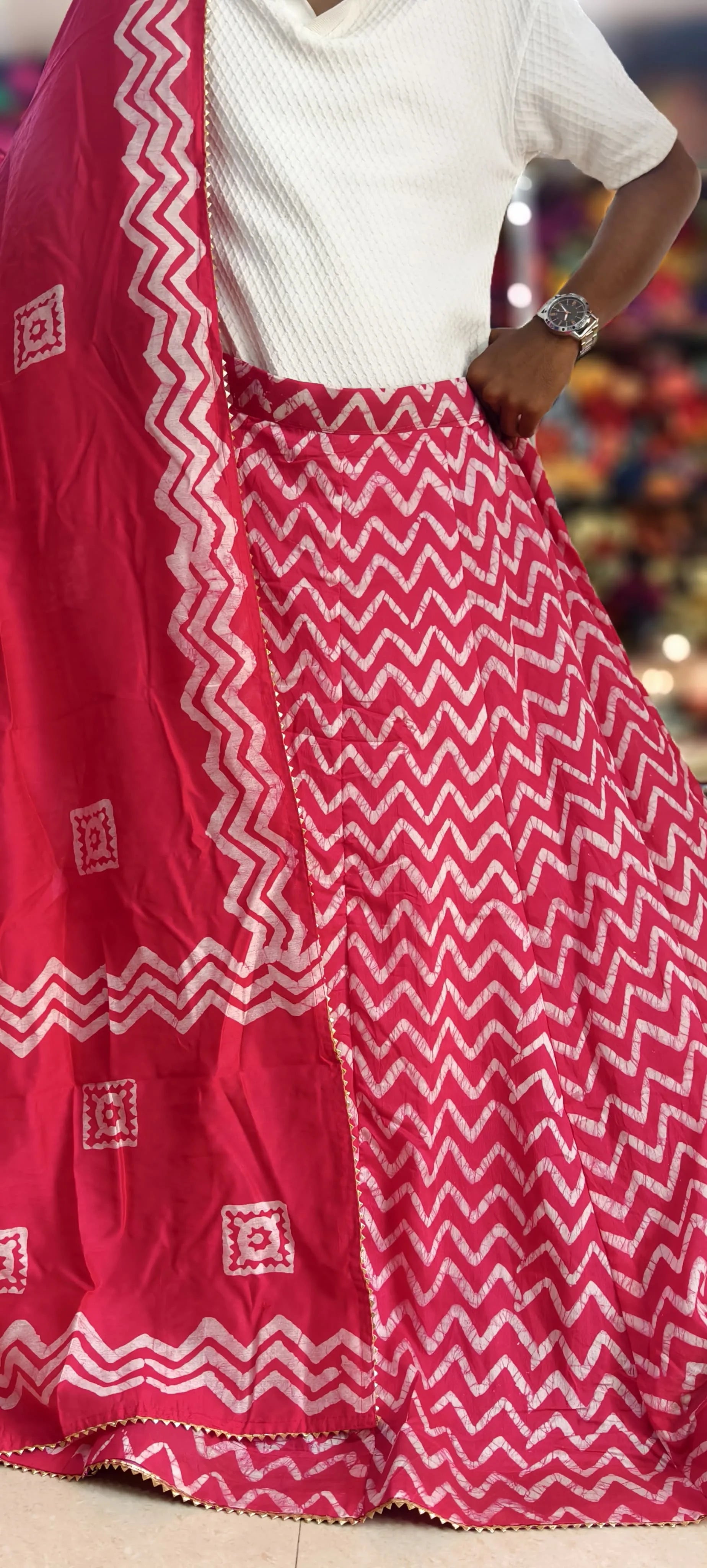 Chanderi Cotton Batik Print Ghagra Set with Dupatta