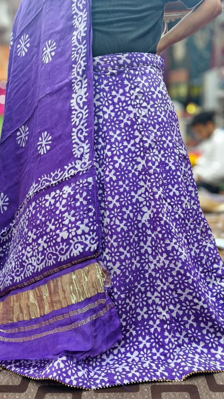Chanderi Cotton Batik Print Lehenga Choli Set with Lagdi Border Dupatta