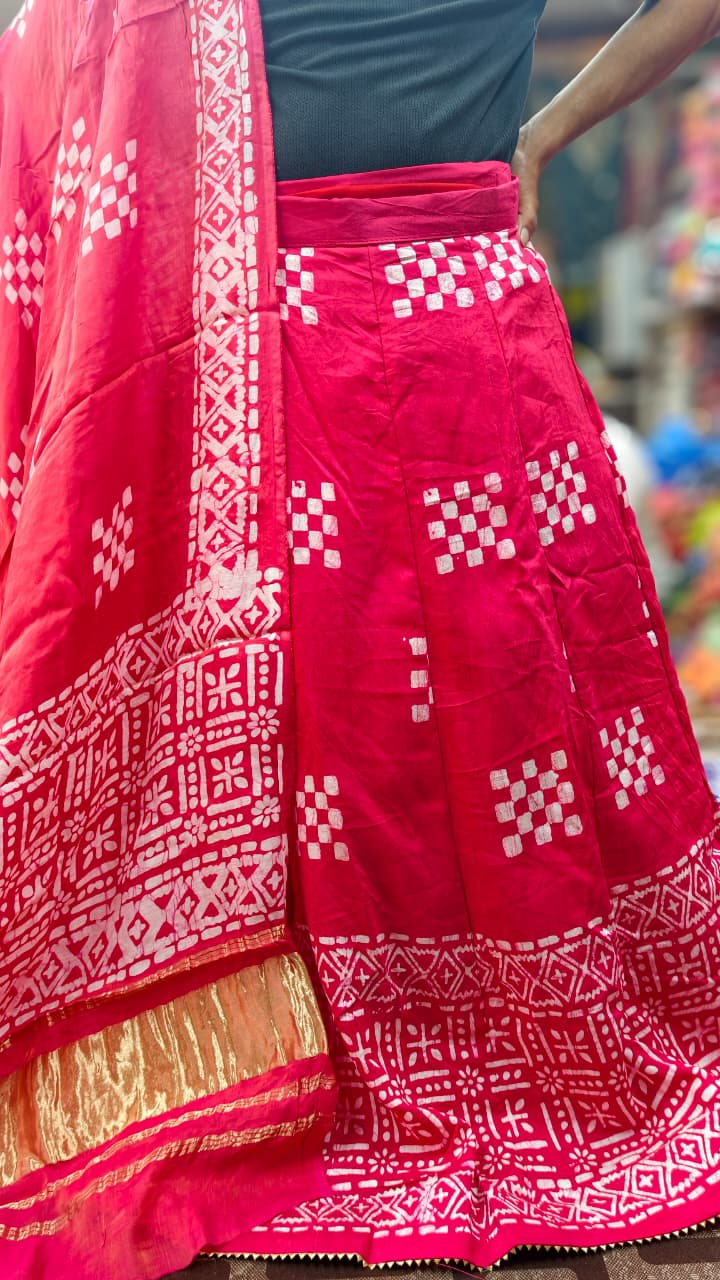 Chanderi Cotton Batik Print Lehenga Choli Set with Lagdi Border Dupatta