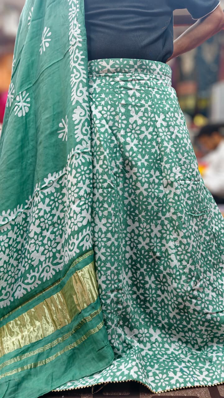 Chanderi Cotton Batik Print Lehenga Choli Set with Lagdi Border Dupatta