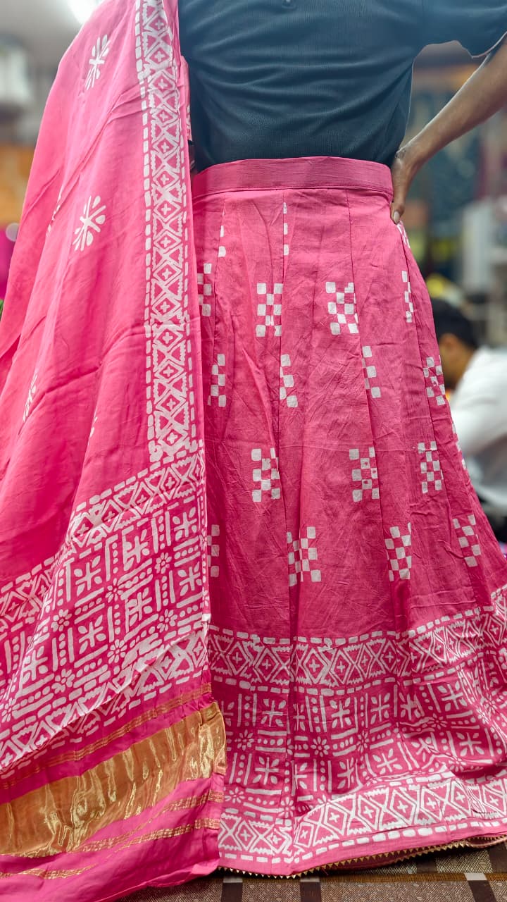 Chanderi Cotton Batik Print Lehenga Choli Set with Lagdi Border Dupatta