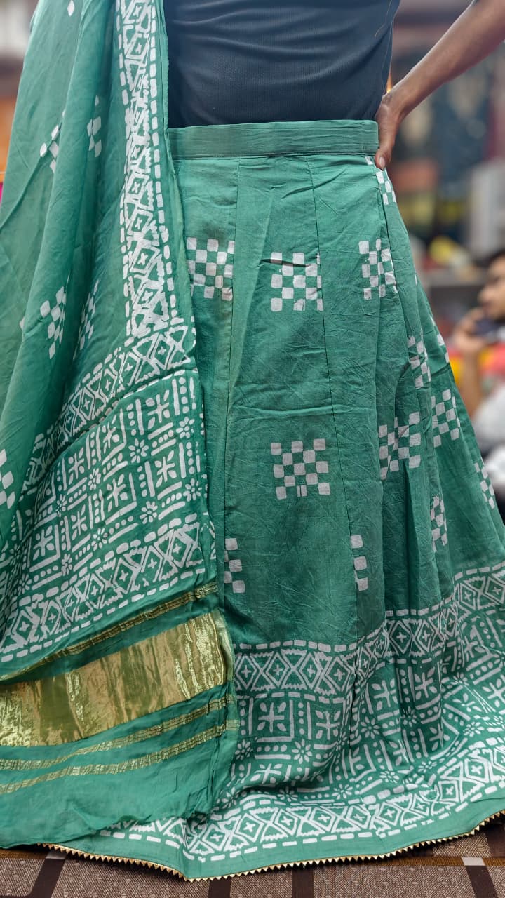 Chanderi Cotton Batik Print Lehenga Choli Set with Lagdi Border Dupatta