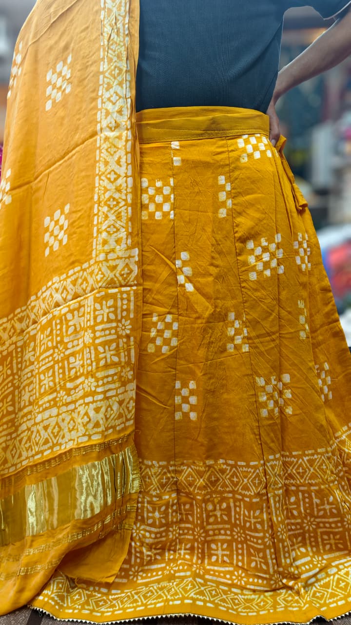 Chanderi Cotton Batik Print Lehenga Choli Set with Lagdi Border Dupatta