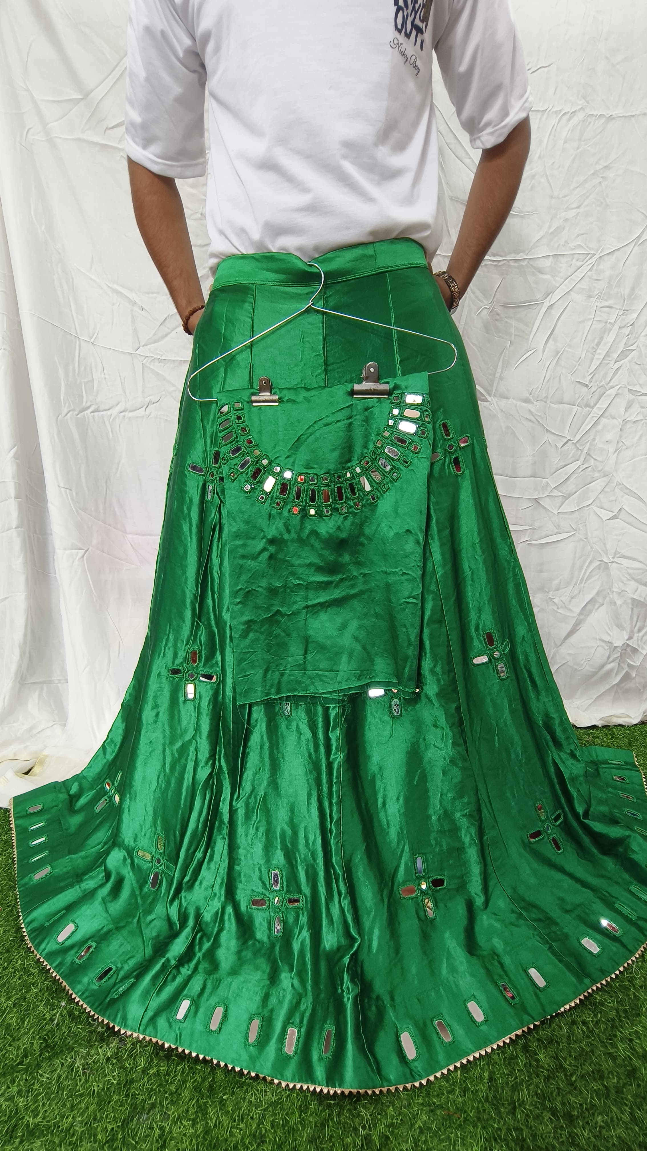 Mashroo Silk Plain Skirt with Mirror Handwork Blouse Piece