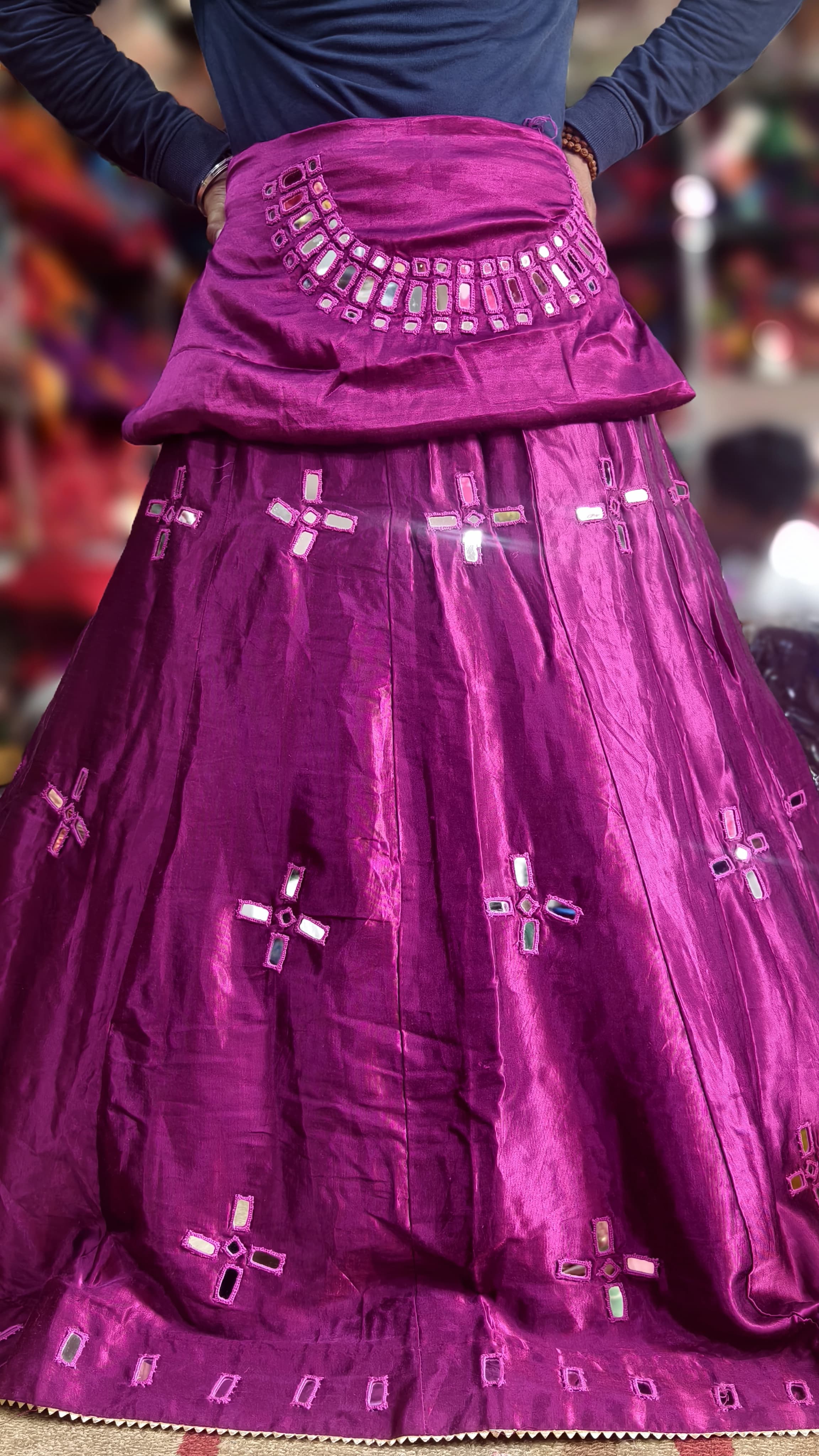 Mashroo Silk Plain Skirt with Mirror Handwork Blouse Piece