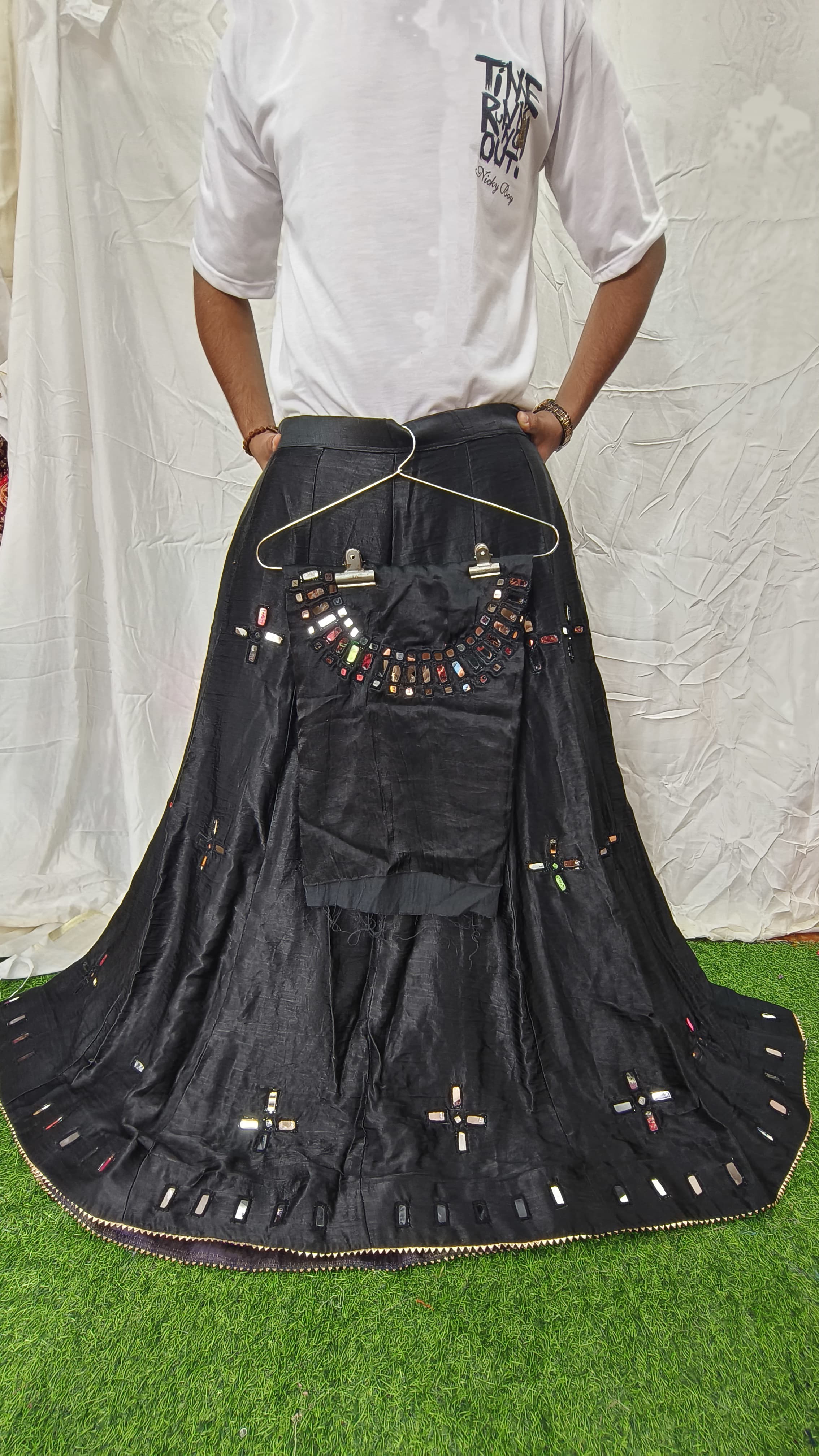 Mashroo Silk Plain Skirt with Mirror Handwork Blouse Piece