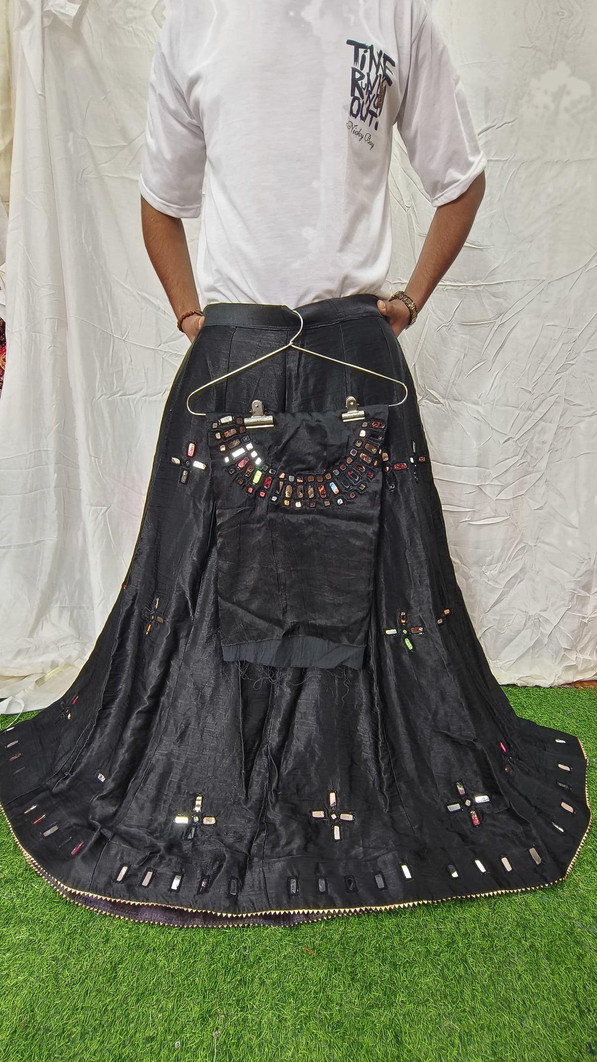 Mashroo Silk Plain Skirt with Mirror Handwork Blouse Piece