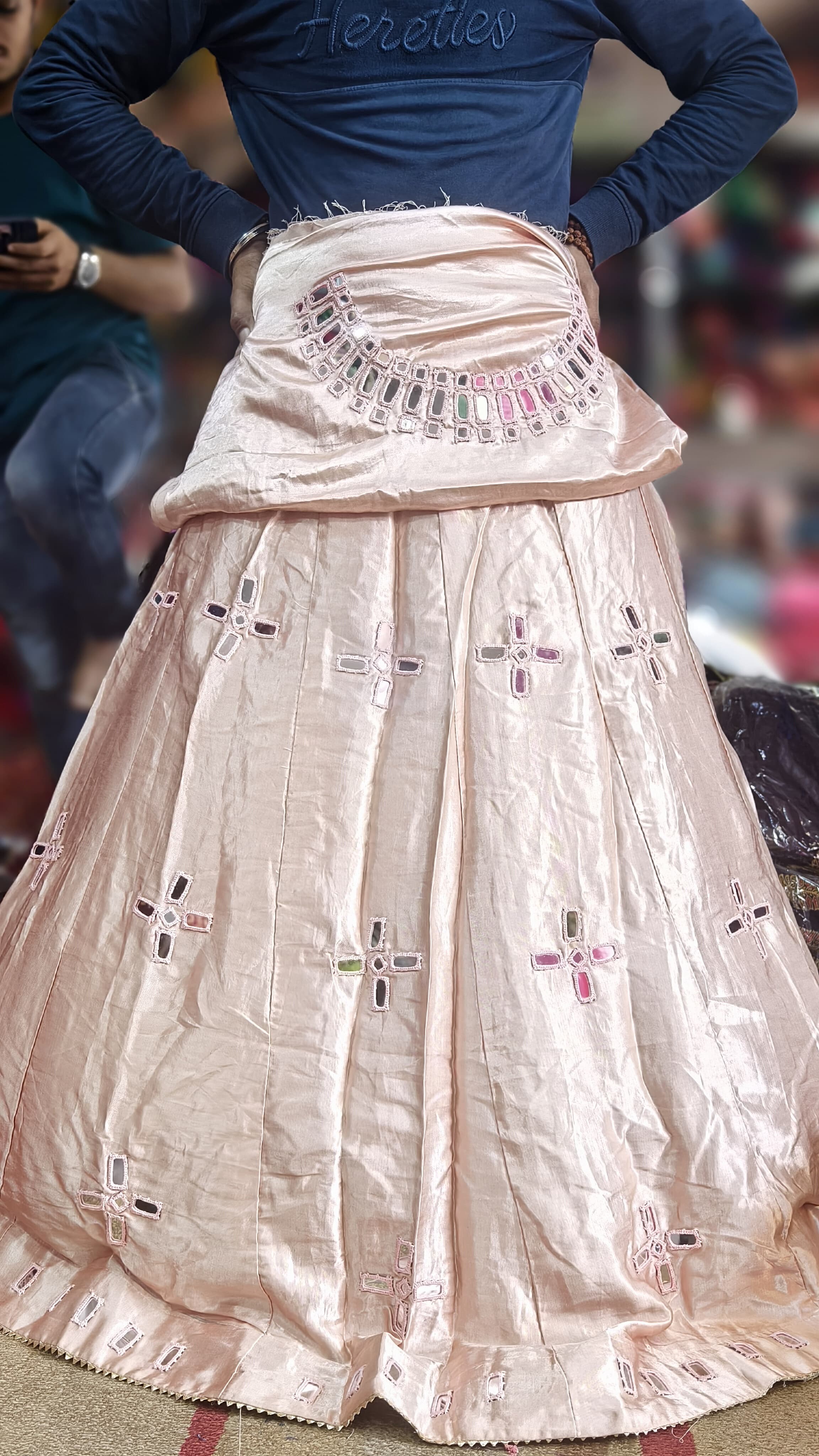 Mashroo Silk Plain Skirt with Mirror Handwork Blouse Piece