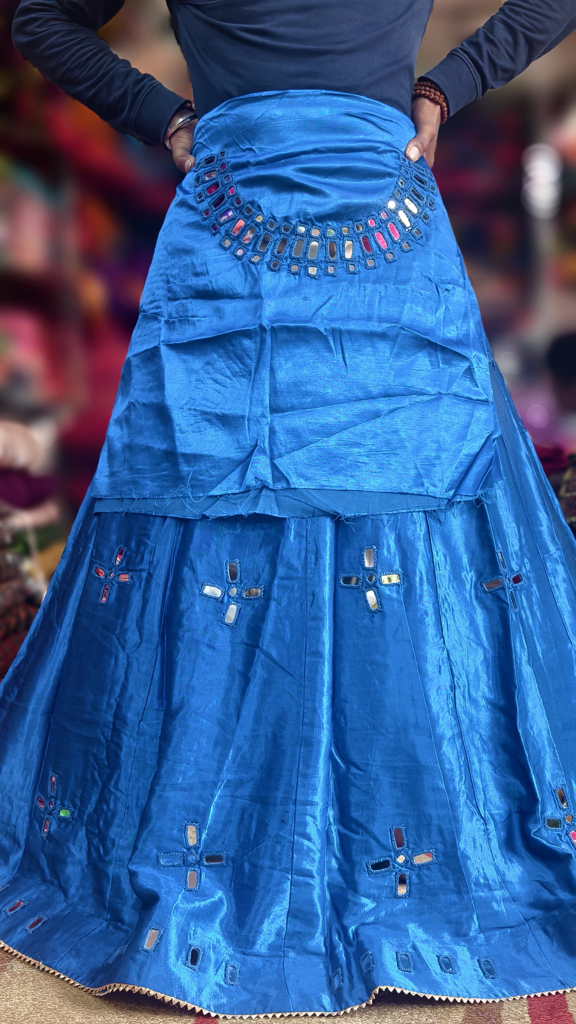 Mashroo Silk Plain Skirt with Mirror Handwork Blouse Piece