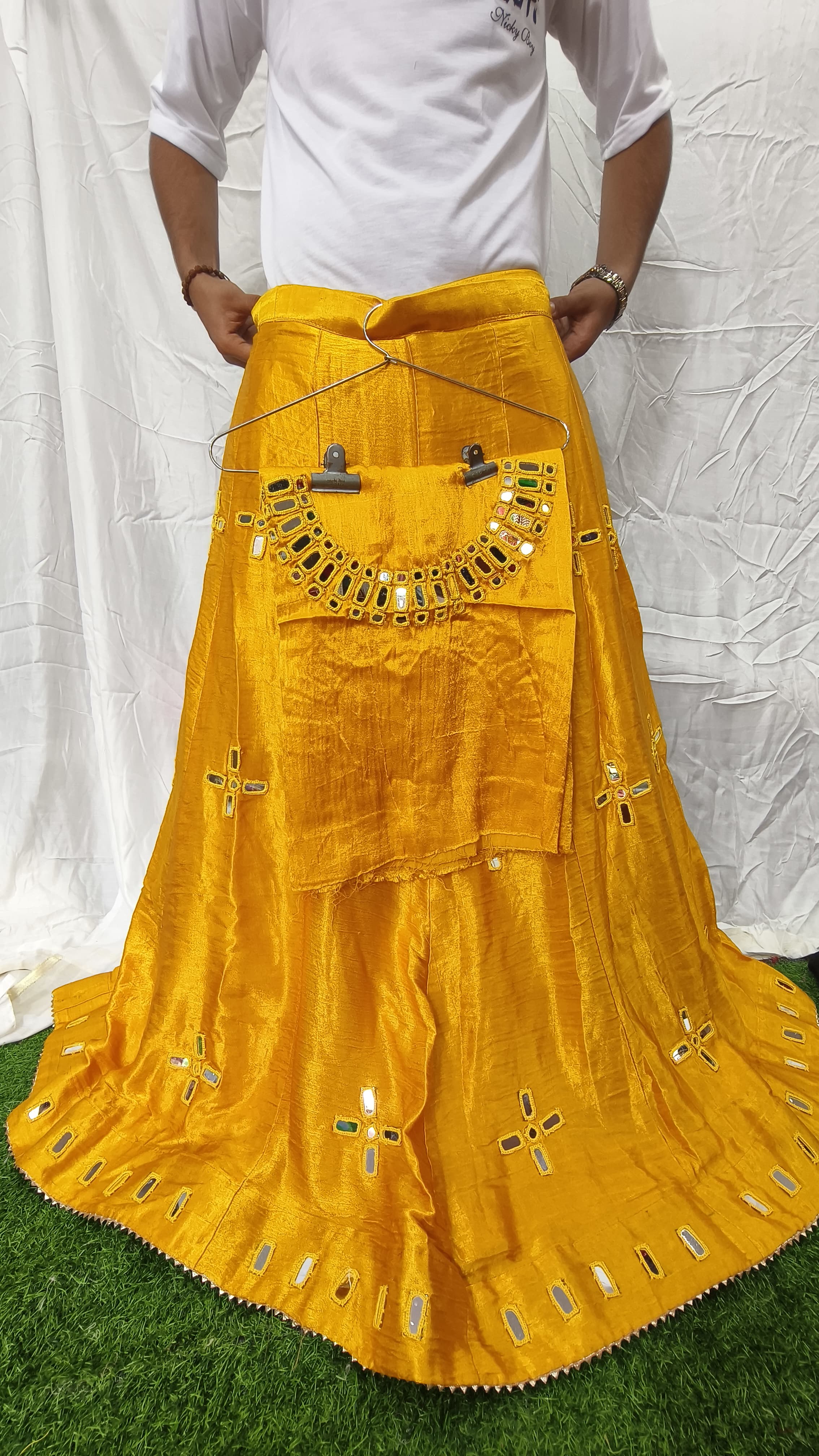 Mashroo Silk Plain Skirt with Mirror Handwork Blouse Piece