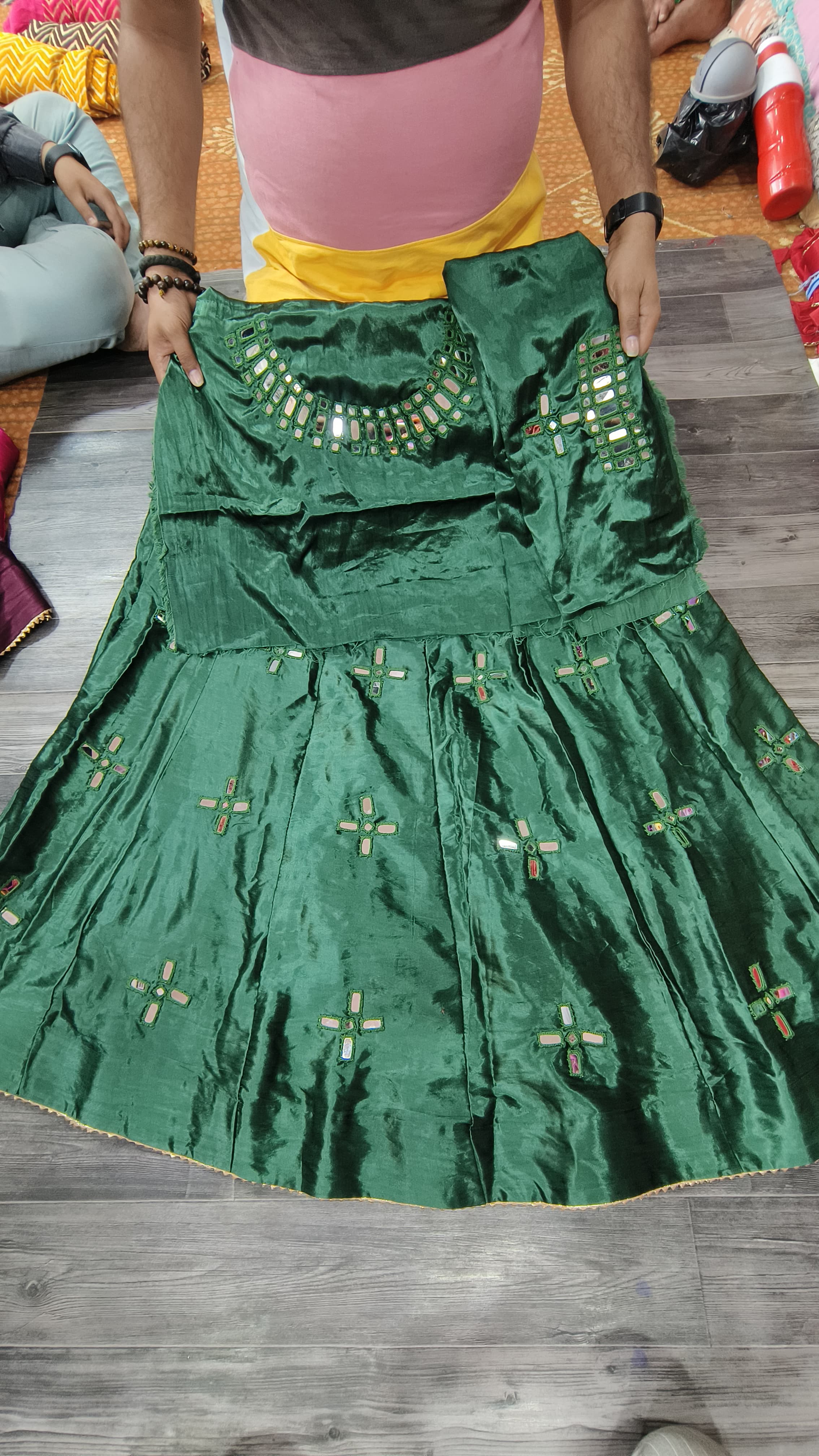 Mashroo Silk Plain Skirt with Mirror Handwork Blouse Piece