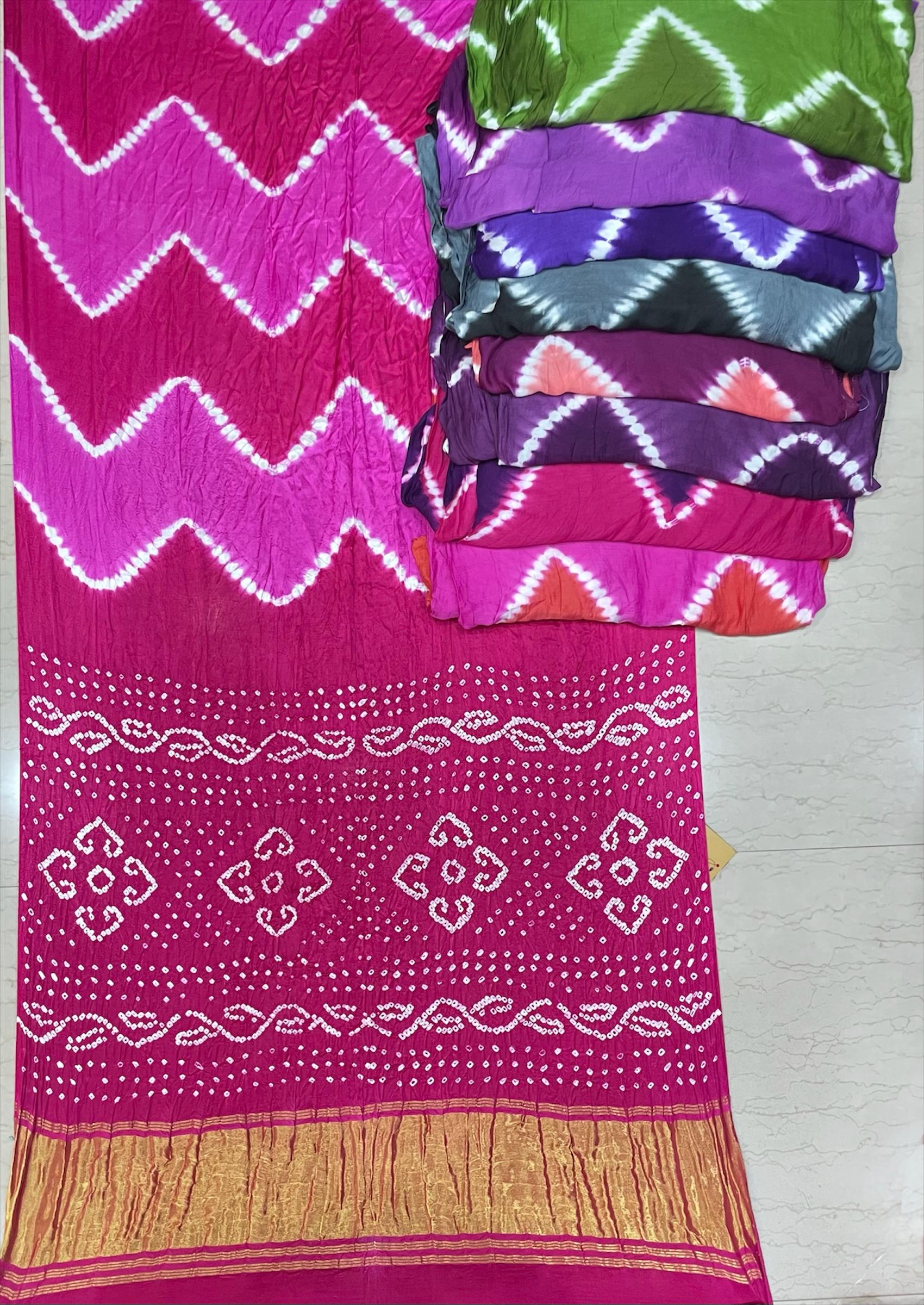 Modal Hand Made Lahariya Saree with Bandhani Pallu &amp; Blouse
