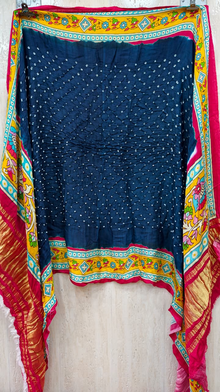 Original Pure Modal Gaji Silk Bandhej Dupatta with Pichwai Print Dark Blue