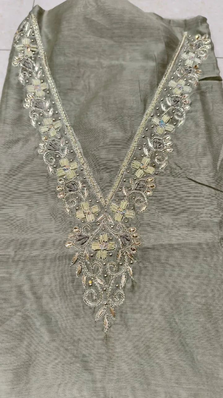 Pure Original Chanderi Silk Kurti Fabric with Hand Zardosi Work