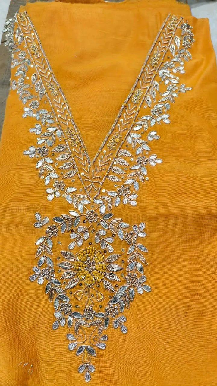 Pure Original Chanderi Silk Kurti Fabric with Hand Zardosi Work