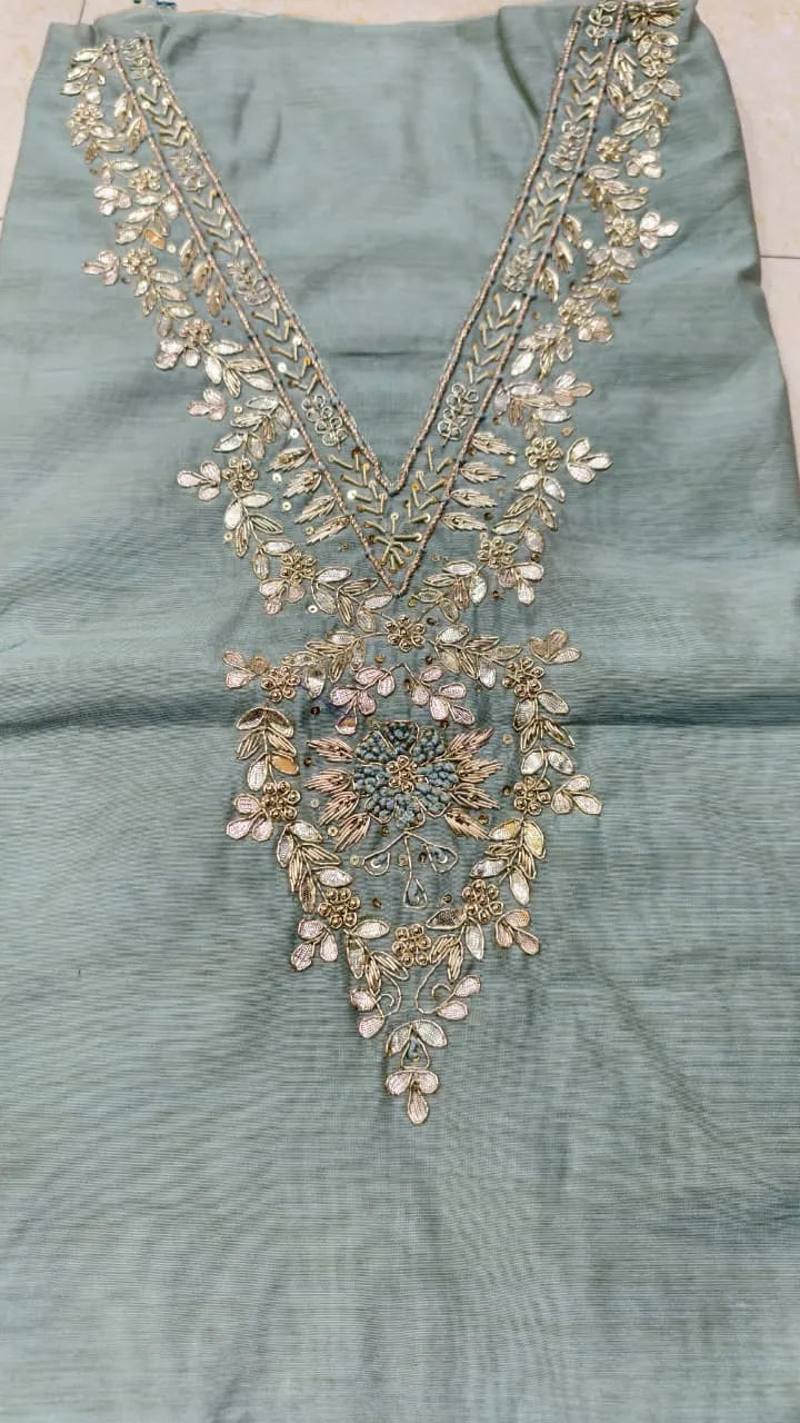 Pure Original Chanderi Silk Kurti Fabric with Hand Zardosi Work