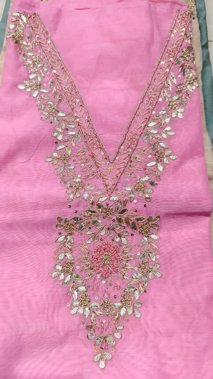 Pure Original Chanderi Silk Kurti Fabric with Hand Zardosi Work