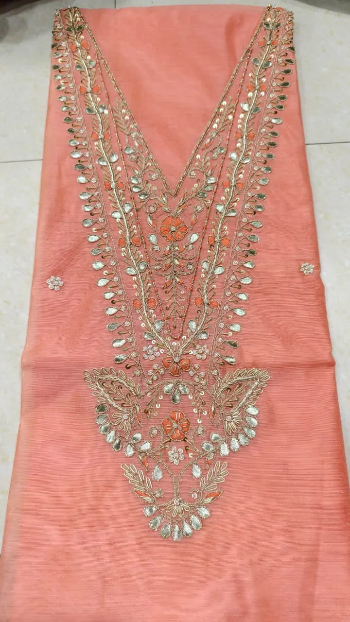Pure Original Chanderi Silk Kurti Fabric with Hand Zardosi Work