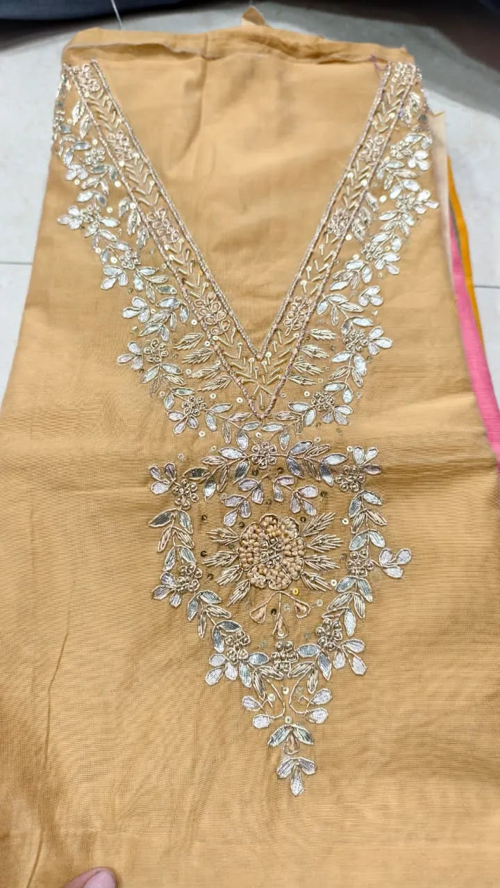 Pure Original Chanderi Silk Kurti Fabric with Hand Zardosi Work