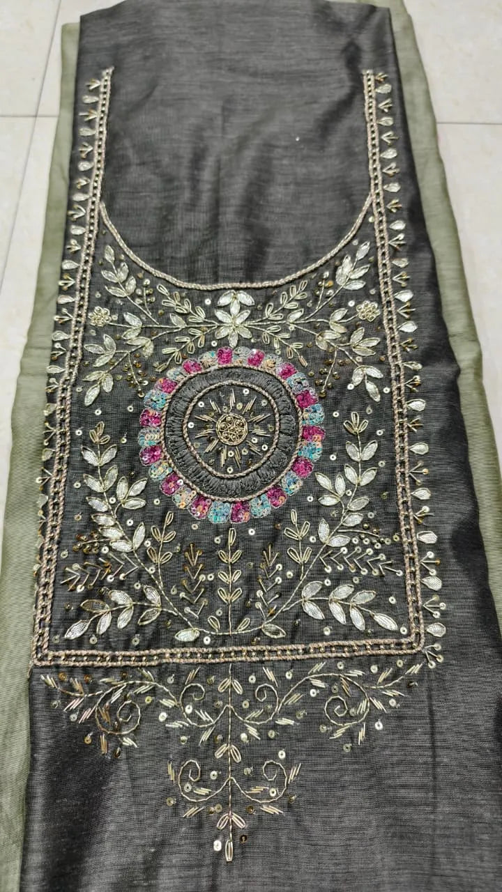 Pure Original Chanderi Silk Kurti Fabric with Hand Zardosi Work