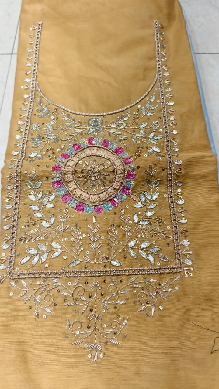 Pure Original Chanderi Silk Kurti Fabric with Hand Zardosi Work