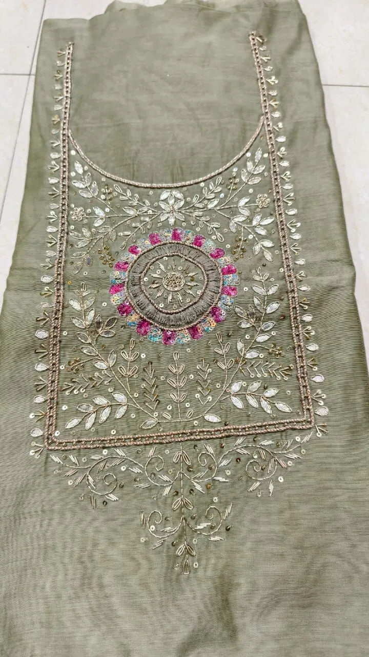 Pure Original Chanderi Silk Kurti Fabric with Hand Zardosi Work