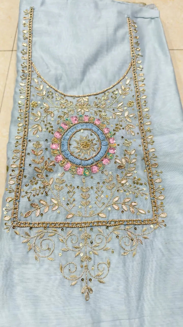 Pure Original Chanderi Silk Kurti Fabric with Hand Zardosi Work