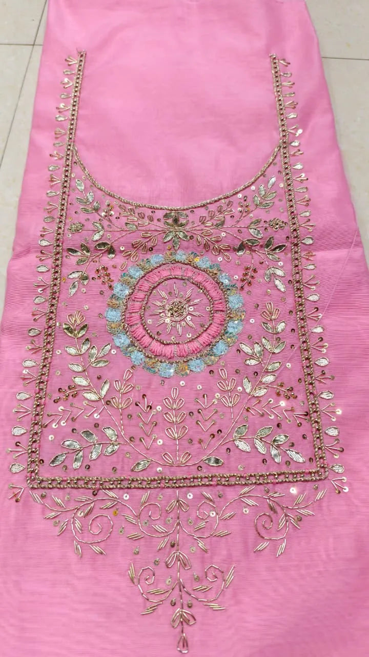 Pure Original Chanderi Silk Kurti Fabric with Hand Zardosi Work