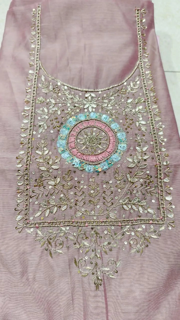 Pure Original Chanderi Silk Kurti Fabric with Hand Zardosi Work