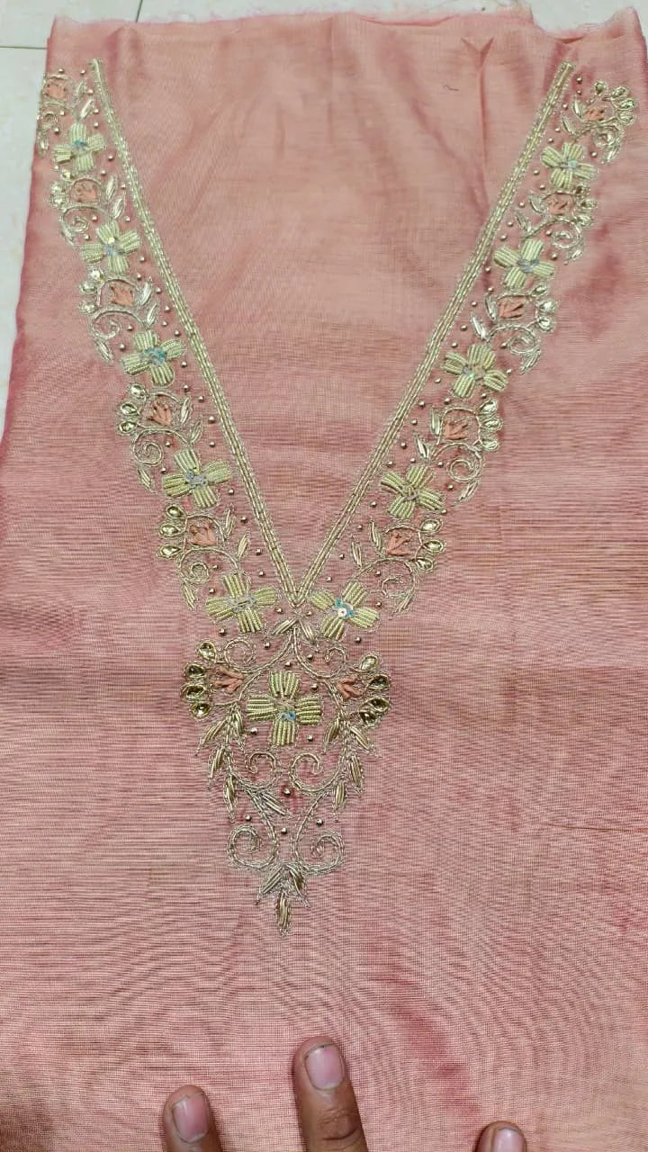 Pure Original Chanderi Silk Kurti Fabric with Hand Zardosi Work