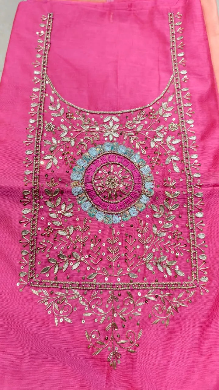 Pure Original Chanderi Silk Kurti Fabric with Hand Zardosi Work