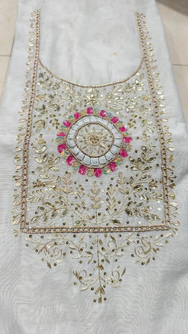 Pure Original Chanderi Silk Kurti Fabric with Hand Zardosi Work