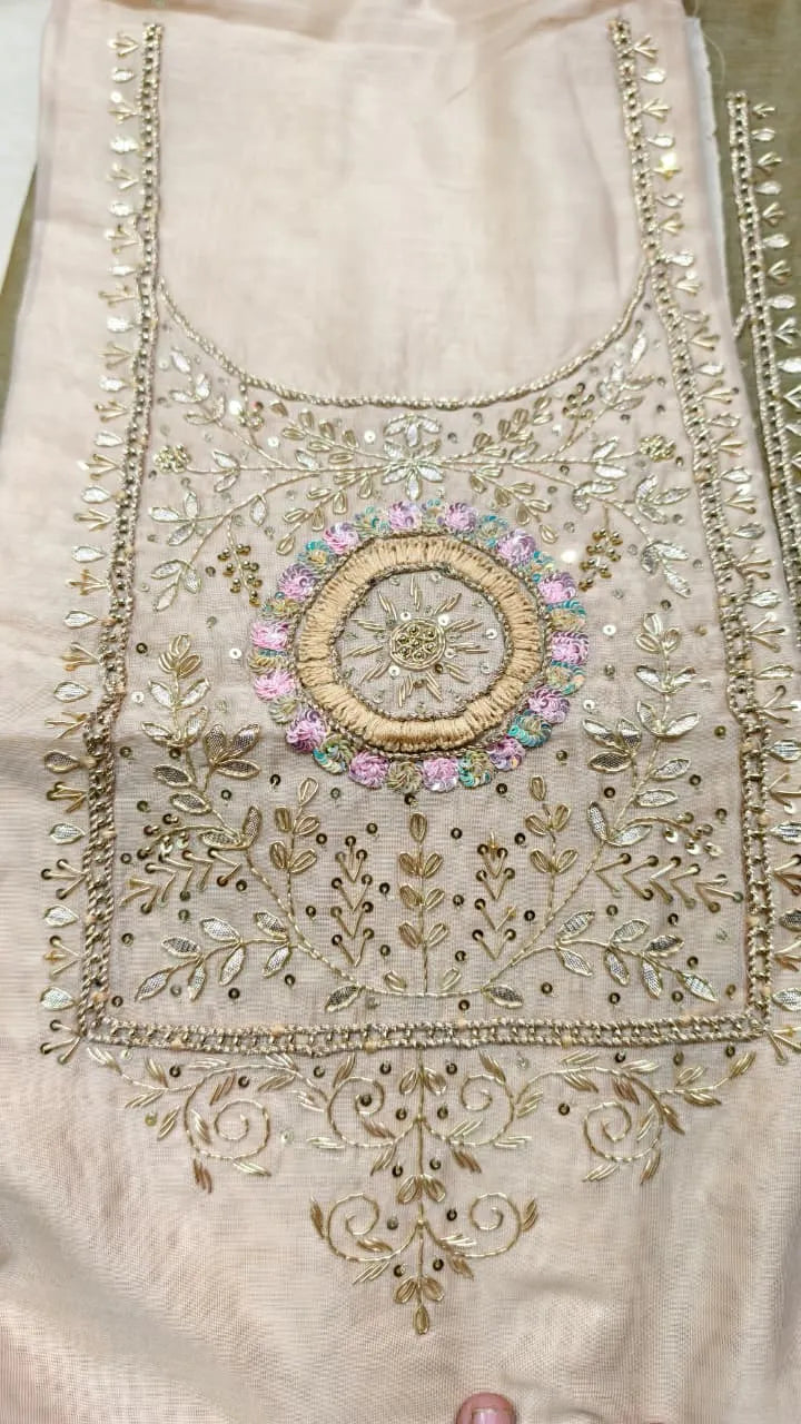 Pure Original Chanderi Silk Kurti Fabric with Hand Zardosi Work