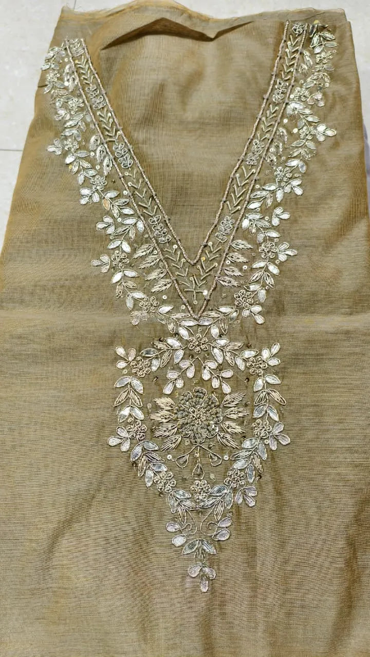 Pure Original Chanderi Silk Kurti Fabric with Hand Zardosi Work