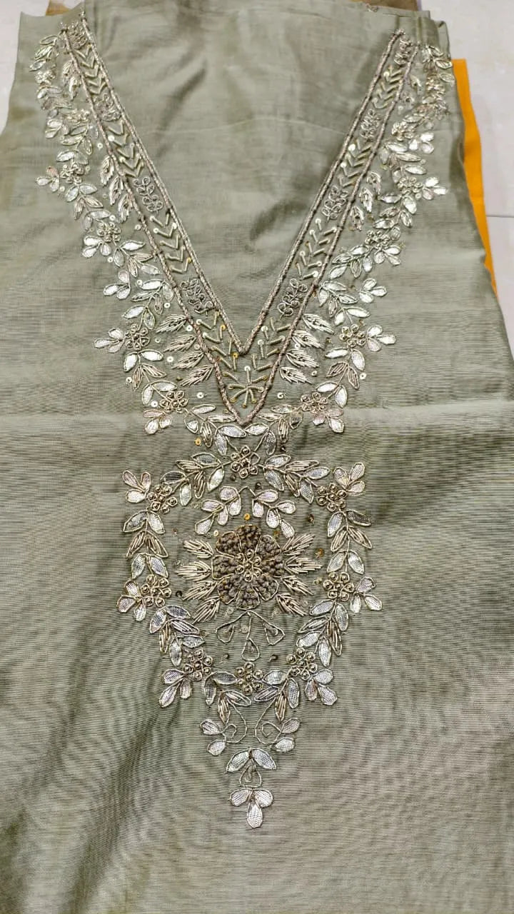 Pure Original Chanderi Silk Kurti Fabric with Hand Zardosi Work