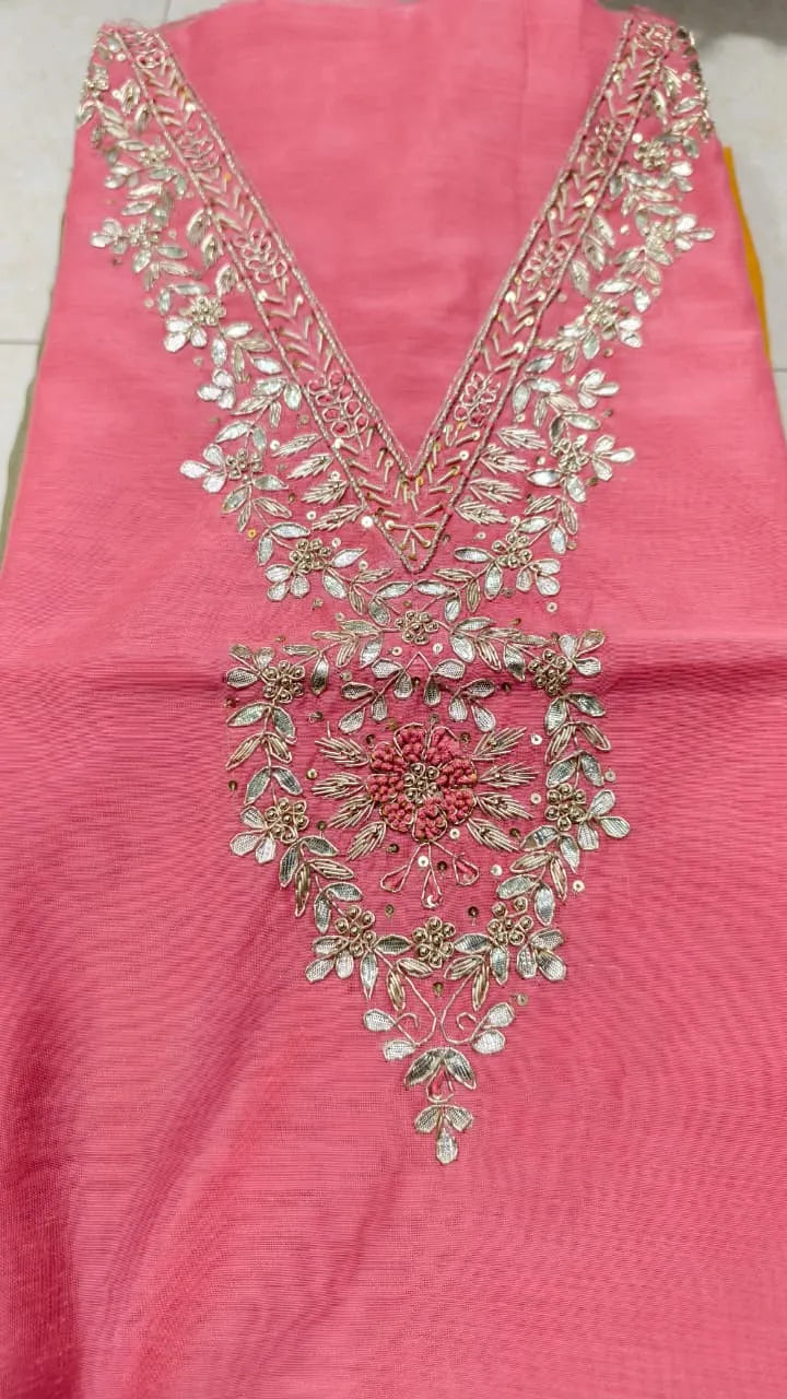 Pure Original Chanderi Silk Kurti Fabric with Hand Zardosi Work