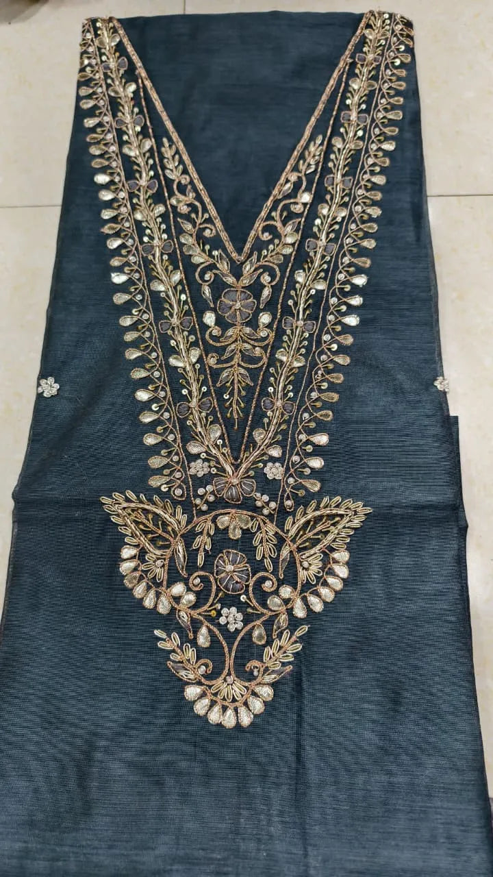 Pure Original Chanderi Silk Kurti Fabric with Hand Zardosi Work