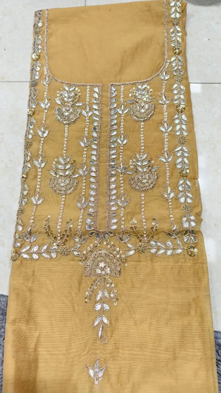 Pure Original Chanderi Silk Kurti Fabric with Hand Zardosi Work