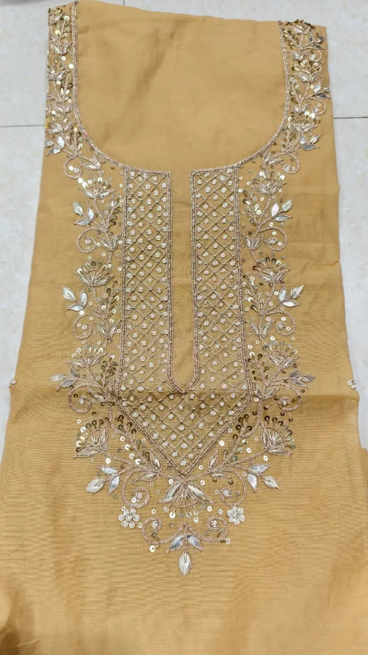 Pure Original Chanderi Silk Kurti Fabric with Hand Zardosi Work