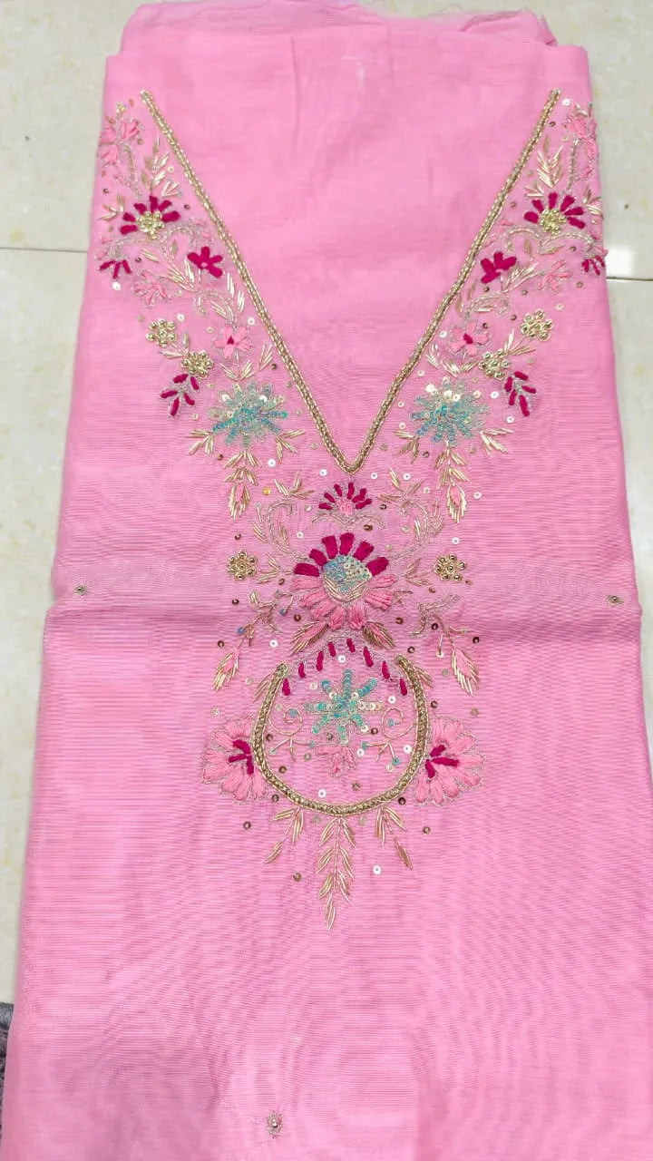 Pure Original Chanderi Silk Kurti Fabric with Hand Zardosi Work