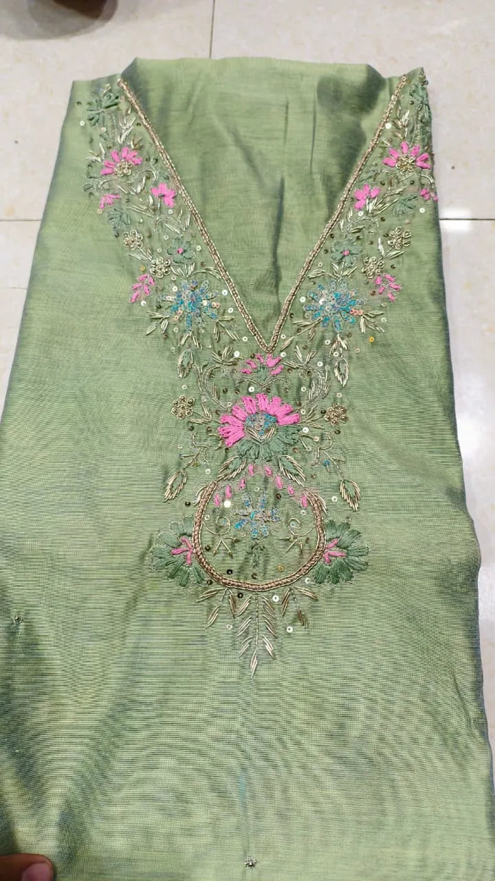 Pure Original Chanderi Silk Kurti Fabric with Hand Zardosi Work