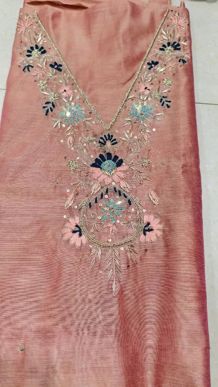 Pure Original Chanderi Silk Kurti Fabric with Hand Zardosi Work