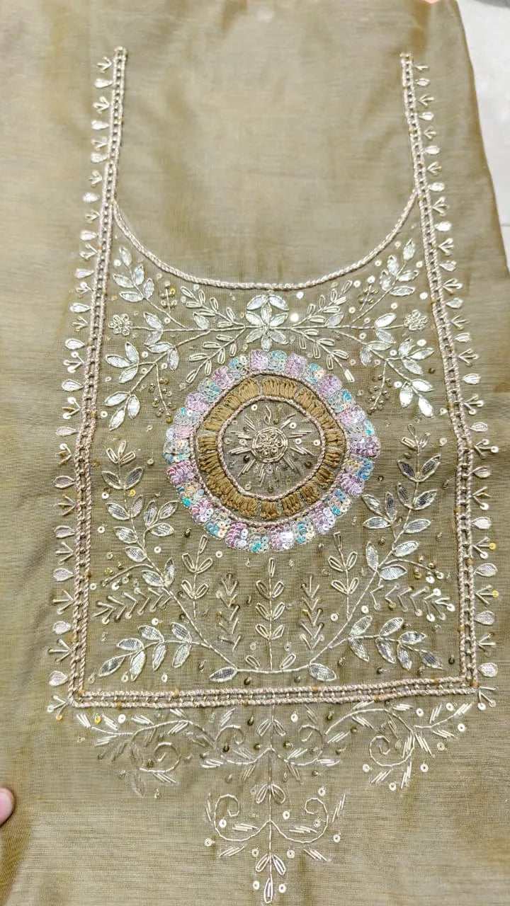 Pure Original Chanderi Silk Kurti Fabric with Hand Zardosi Work