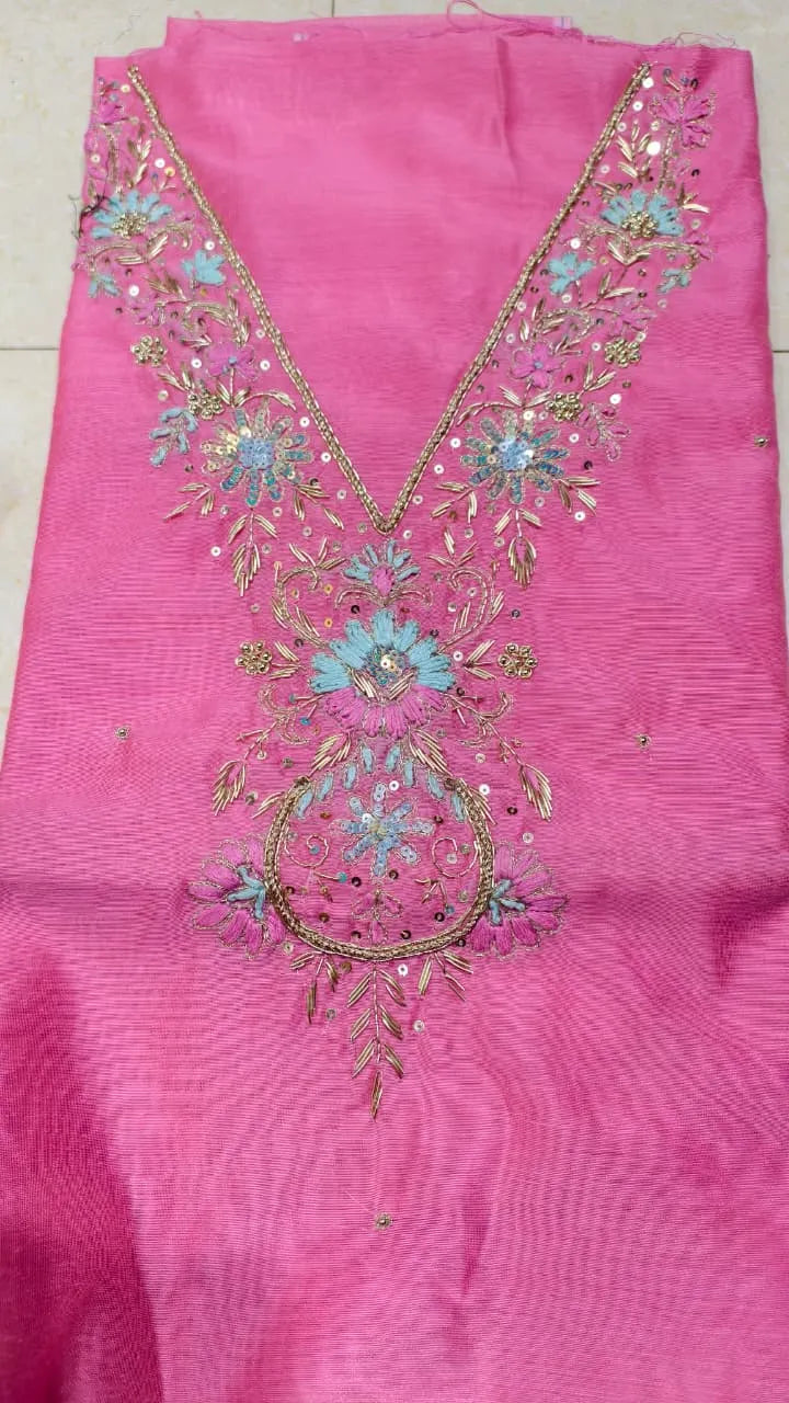 Pure Original Chanderi Silk Kurti Fabric with Hand Zardosi Work