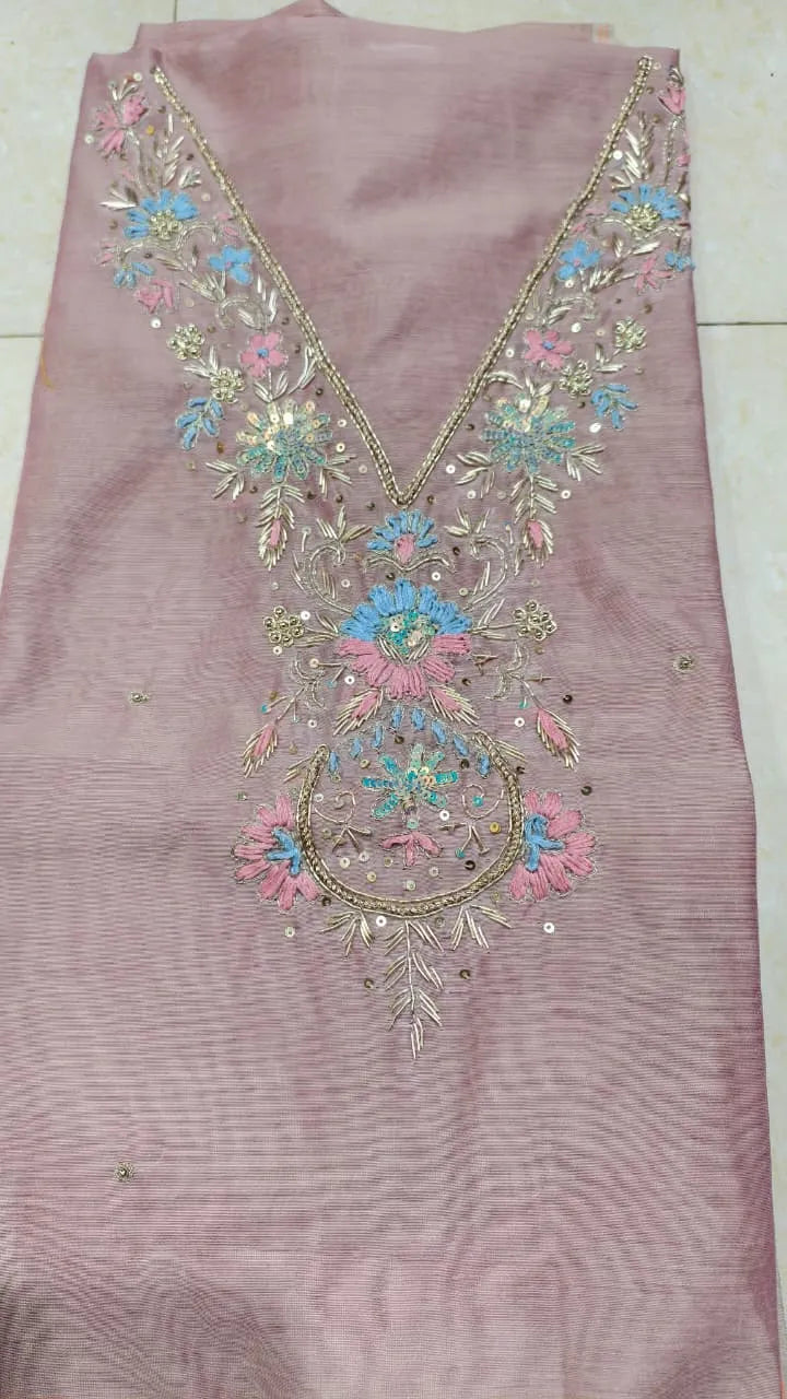 Pure Original Chanderi Silk Kurti Fabric with Hand Zardosi Work