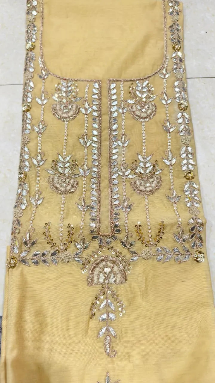 Pure Original Chanderi Silk Kurti Fabric with Hand Zardosi Work