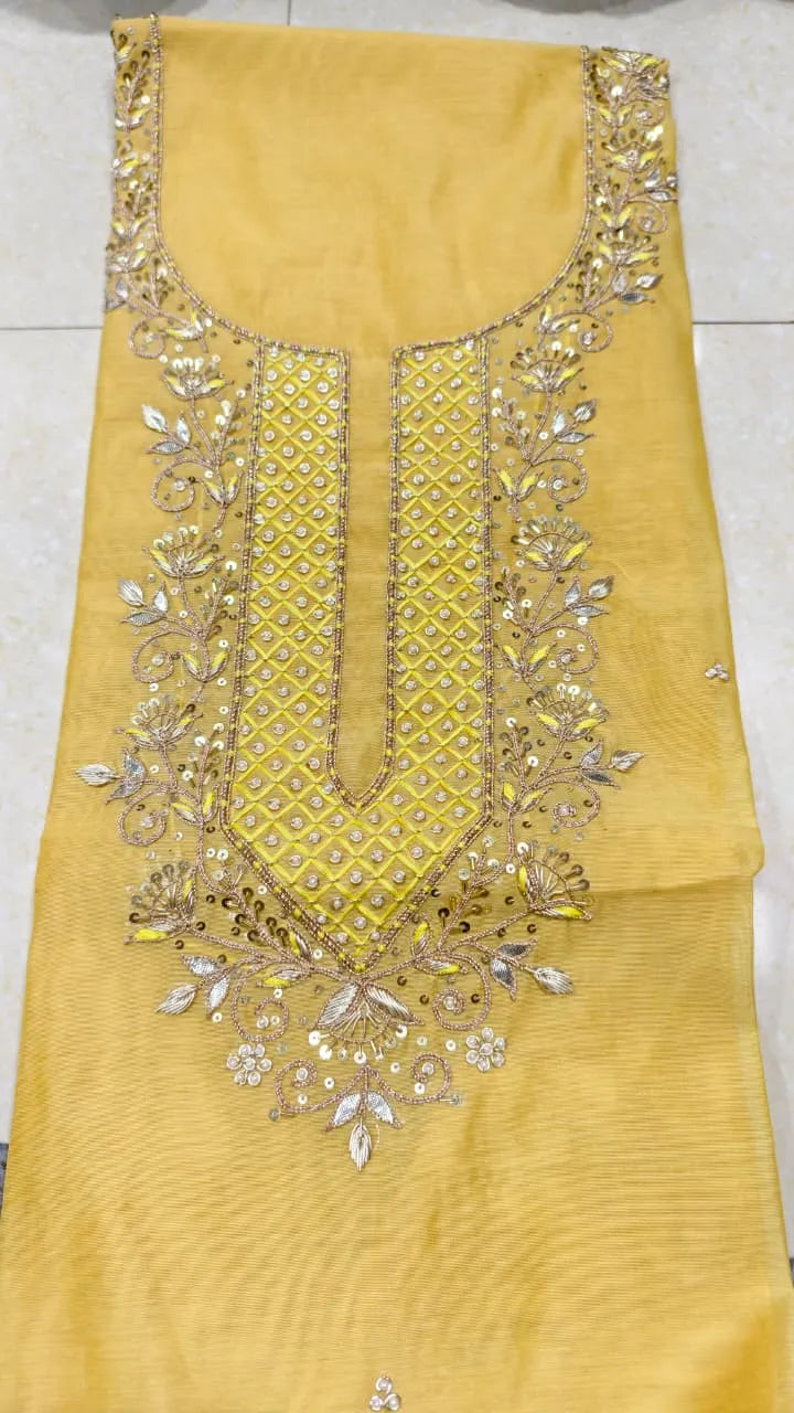 Pure Original Chanderi Silk Kurti Fabric with Hand Zardosi Work