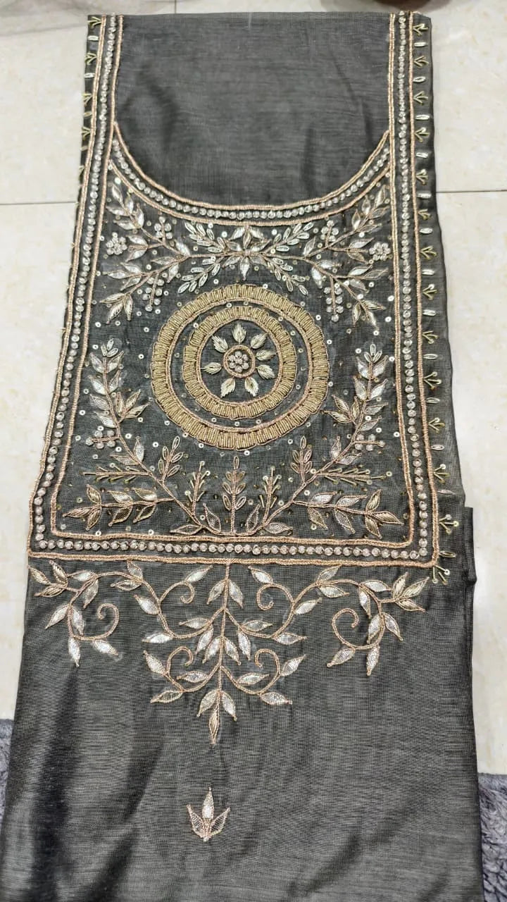 Pure Original Chanderi Silk Kurti Fabric with Hand Zardosi Work