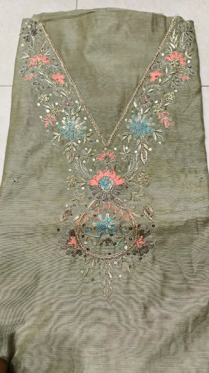 Pure Original Chanderi Silk Kurti Fabric with Hand Zardosi Work